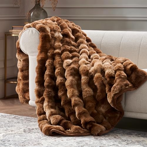Faux Rabbit Fur Bubble Throw Blanket, 50"x60", Lion Caramel | Ultra Soft, Luxury Faux Rabbit Fur Throw, Thick Warm Bubble Blanket, Cozy Fluffy Reversible, for Bed, Couch, Chair, Sofa - color: Marble Caramel Brown, size: 50"x60"