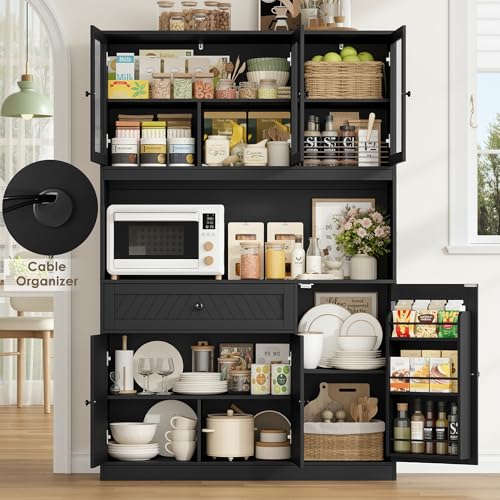72” Tall Kitchen Pantry Storage Cabinet, Modern White Kitchen Hutch with Large Storage Drawer, Countertop, Adjustable Shelves, Food Pantry Cabinets for Dining Room, Living Room (Black) | Kitchen Hutch with Large Storage Drawer, Countertop, Adjustable Shel