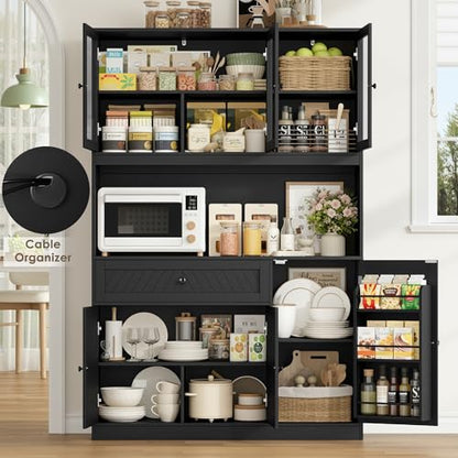 72” Tall Kitchen Pantry Storage Cabinet, Modern White Kitchen Hutch with Large Storage Drawer, Countertop, Adjustable Shelves, Food Pantry Cabinets for Dining Room, Living Room (Black) | Kitchen Hutch with Large Storage Drawer, Countertop, Adjustable Shel