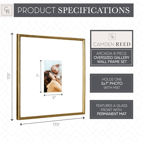 Arcadia Gallery Wall Frame Set, 16x20 and 16x16 Inch Matted Frames, 8 Piece, Brass - color: Brass