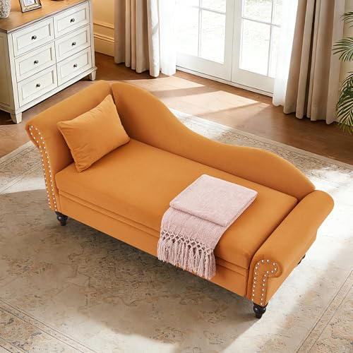 ERYE Velvet Upholstered Right Facing Chaise Lounge Chair, Blue Chaise Lounge Storage W/Nailhead Trim, Wood Legs, Classic Recliner Lounger Accent Sofa for Living Room Bedroom - color: Yolk Yellow/R