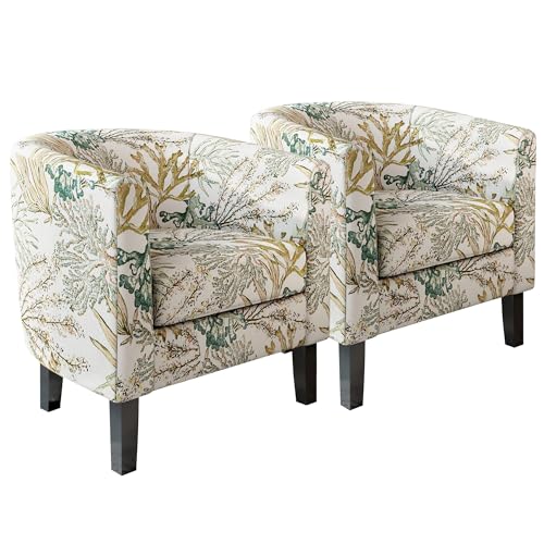 BELLEZE Living Room Chairs Set of 2, Linen Round Accent Barrel Chairs, Club Tub Sofa Chairs for Bedroom, Corner Chairs with Flared Legs and Cozy Soft Padding - Highland (Green Coral) - color: Highland Green Coral, size: 2 Chairs