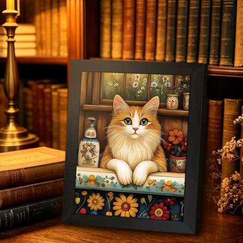 Framed Cat Wall Art Canvas Print 8x10 Inch Cute Orange Cat Painting Poster Picture Gallery Artwork Floral Farmhouse Illustration Home Decor - color: Country cats