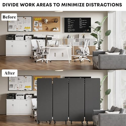 4 Panel Soundproof Room Divider W/Wheels, Office Divider with Whiteboard | 66" H with Detachable Whiteboard/Clips/Hooks/Pushpins,Wheeled Room Dividers, Easy to Move,For Conference Room Partitions - color: Dark Grey, size: 4-Panel-with Board
