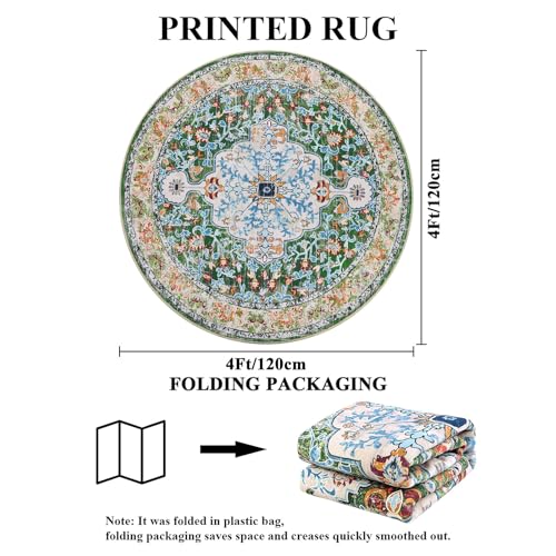 U'Artlines Boho Round Vintage Area Rug 4ft Machine Washable Carpet, Green | Low Pile Soft Floor Carpet Non Slip Non Shedding Circle Accent Rug for Living Room Bedroom Entryway Dining Room Office - color: Green, size: 4' (Round)