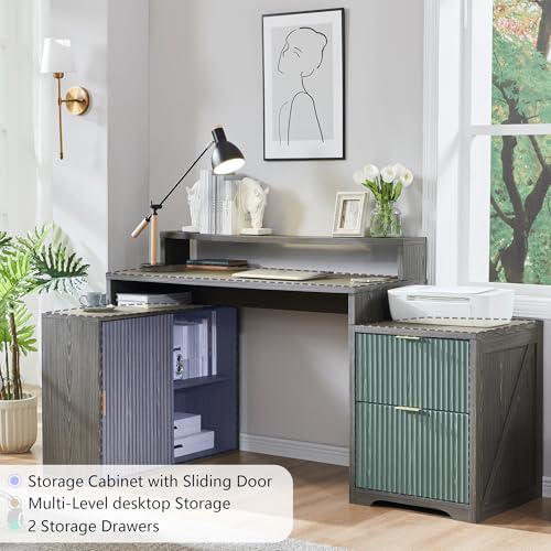 Modern L Shaped Desk with Storage Cabinet & Drawers, Wood Home Office Desk with Power Outlets, Fluted Computer Writing Desk - color: Grayish Green, size: 33"D x 67"W x 35.5"H