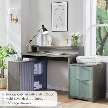 Modern L Shaped Desk with Storage Cabinet & Drawers, Wood Home Office Desk with Power Outlets, Fluted Computer Writing Desk - color: Grayish Green, size: 33"D x 67"W x 35.5"H