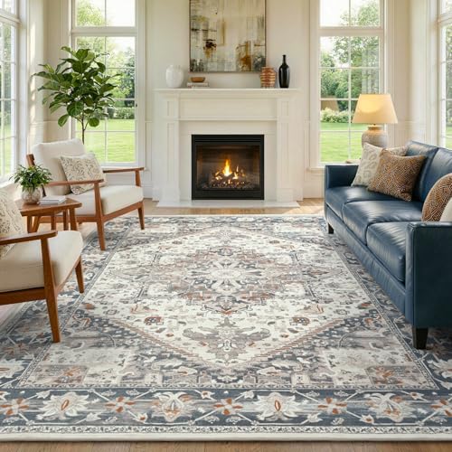 Area Rugs 4x6 Washable Vintage Rug for Bedroom Living Room Beige and Blue | Soft Low-Pile Stain Resistant Carpet With Non Slip Backing for Indoor Entryway Nursery Dining Room,Thin,Foldable,Home Decor - color: 24f01-beige and Blue, size: 4' x 6' (Rectangul