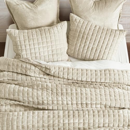 RECYCO Channel Box Stitch Velvet Quilt Set, Twin/Twin XL Size, Beige | Ultra Soft Lightweight Velvet Comforter, Luxury Oversized Bedspread Coverlet, Quilted Bedding Set for All Season with 1 Sham - color: Beige, size: Twin/Twin XL (68" X 92")