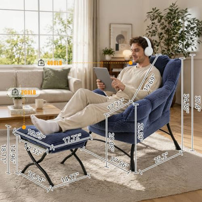 Lazy Chair with Ottoman, Modern Skinny Lounge Chair with Footrest | Foldable Footrest, Padded Seat & Backrest, Side Pocket Comfy Accent Reading Chair for Living Room & Small Spaces, Navy Blue - color: Navy Blue