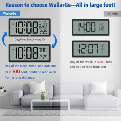 14.5'' Large Digital Wall Clock Battery Operated | Jumbo Numbers, Temperature and Date, Easy to Read and Set, Auto DST, Large Display for Garage, Office, Classroom - color: Black