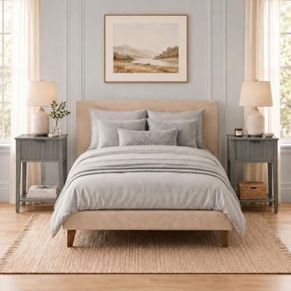 Weathered Gray 15.4" Wide Small Nightstand, Drawer,Open Shelf,Fluted | Weathered gray tone, ribbed fluted front, 11.8-inch slim depth, concealed storage, cool fit for sofa side or chair side - color: Weathered Gray