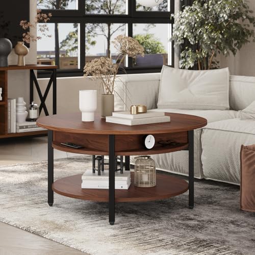 FABATO 26.77” Round Lift Top Coffee Table with Storage, Espresso | Farmhouse Coffee Table, 2 Tier Small Round Center Table, Center Table for Living Room, Circle Dining Table - color: Espresso