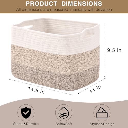 Storage Baskets for Organizing Shelves, Woven Cotton Rope Basket for Storage, Decorative Baskets for Shelves, Soft Basket for Living Room Bedroom, 14.8"×11"×9.5", Pack of 3, Gradient Brown - color: Gradient Brown
