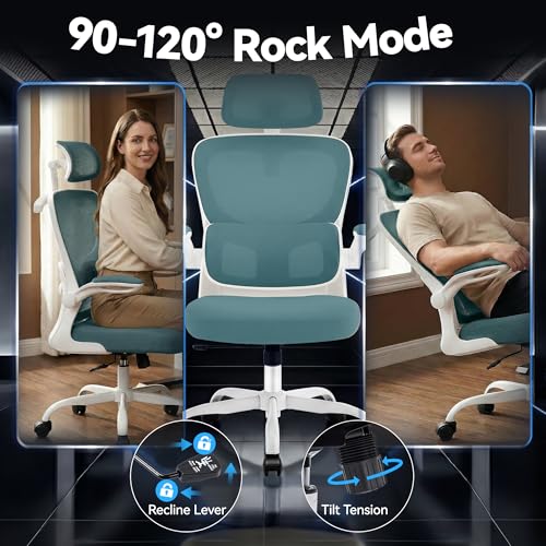 Office Chair Ergonomic Desk Chairs with Adjustable Lumbar Support& Headrest Hanger, High Back Breathable Mesh Chair with Wheels, Rolling Swivel Comfy Task Computer Chair for Home Work Gaming - color: Aqua