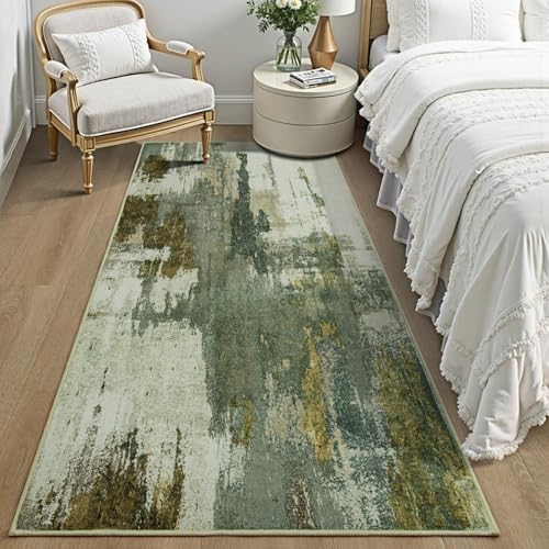 Kelarea Washable Runner Rug 2x6, Non-Slip Low Pile Abstract Green | Water & Stain Resistant, Pet Friendly, Easy Clean, Ultra Soft, for Entrance, Kitchen, Bedroom, Hallways - color: Green, size: 2' x 6' (Rectangular)