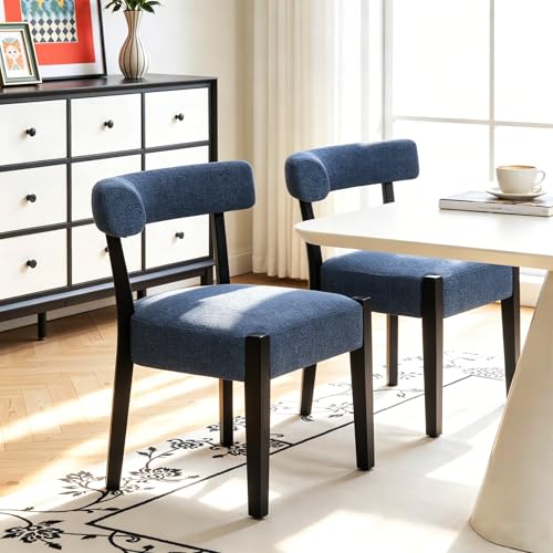 RNKSFX Upholstered Dining Chairs Set of 2, Walnut Wooden Kitchen & Dining Room Chairs, Mid Century Modern Fabric Farmhouse Dining Chairs Oversized Sturdy Rounded Chairs Curved Back, Blue - color: Blue