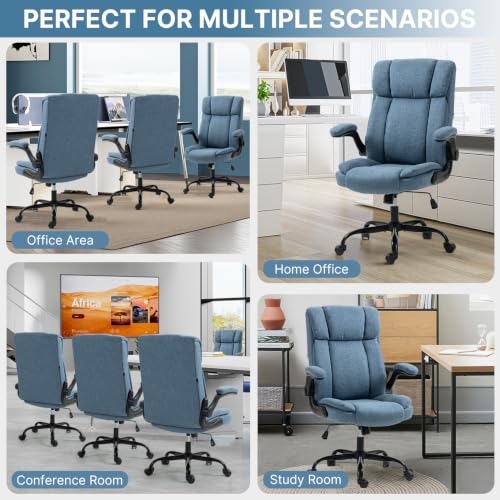Fabric Office Chair High Back Executive Ergonomic Chair Flip Arms | Premium cloth fabric office chair with high back ergonomic support, flip-up arms, adjustable height, 90°-120° tilt function - color: Blue
