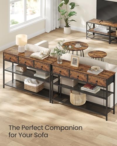 SONGMICS Console Table, Narrow Sofa Table with 2 Mesh Shelves | For Entryway, Living Room, 3 Fabric Drawers, Rustic Brown, BELLAH Collection ULGS098K101 - color: Rustic Brown, size: 11.8"D x 38.9"W x 31"H (3 Drawers)