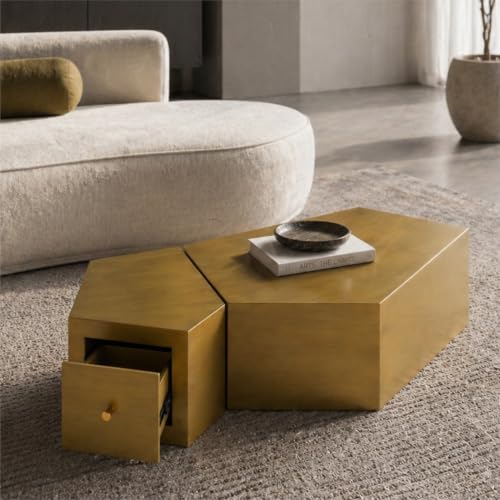 Geometric Nesting Coffee Table Set of 2 with Drawer, Gold | 33.15"&14.57", Modular Nesting Table, Drawer Storage, Faceted Polyhedral Artisan Center Table, No Need Assembled, Living Room - color: 33.15" & 14.57" Geometric Nesting Coffee Table