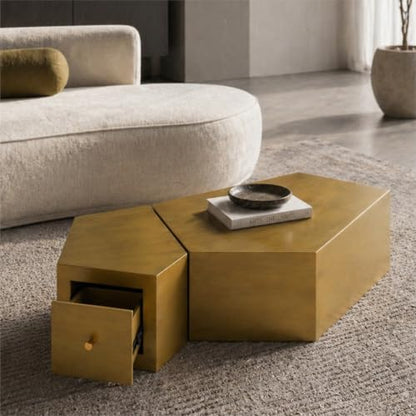 Geometric Nesting Coffee Table Set of 2 with Drawer, Gold | 33.15"&14.57", Modular Nesting Table, Drawer Storage, Faceted Polyhedral Artisan Center Table, No Need Assembled, Living Room - color: 33.15" & 14.57" Geometric Nesting Coffee Table