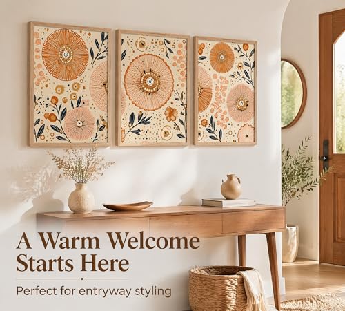 3Pcs Boho Floral Wall Art Orange and Beige Abstract Botanical Wall Decor Pictures Abstract Flower Print Canvas Posters for Living Room Bedroom Office Home Decoration (Framed) - color: Botanical Floral Framed, size: 16"L x 12"W