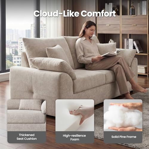 MALOL 75.6" Cloud Boneless Sofa, Loveseat Couches with 4 Pillows, Modern Living Room 2 Seater Sofa for Small Space, Apartment, No Assembly, Camel - color: New Camel, size: 75.6"