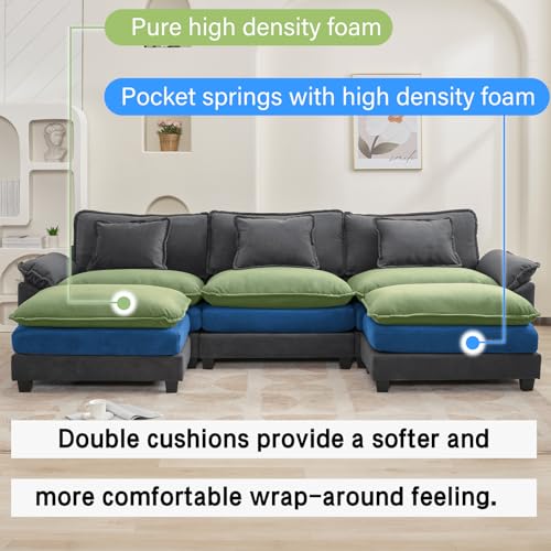 120" Modular Sectional Sofa, Comfy Deep Cloud Couch with Ottoman | U-Shaped Couches for Living Room, Modular Couch, Deep and Wide Seat, Velvet Sofa Sleeper with Throw Pillows, Blue Grey - color: Blue Gray, size: 120 Inch U