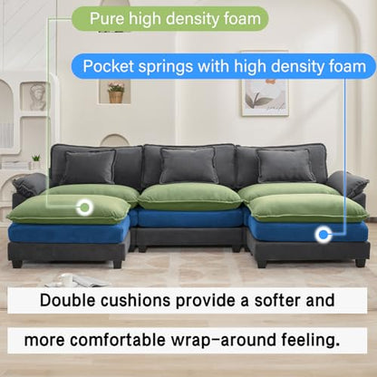 120" Modular Sectional Sofa, Comfy Deep Cloud Couch with Ottoman | U-Shaped Couches for Living Room, Modular Couch, Deep and Wide Seat, Velvet Sofa Sleeper with Throw Pillows, Blue Grey - color: Blue Gray, size: 120 Inch U