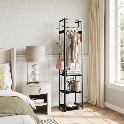 ELYKEN Coat Rack Freestanding, Hall Tree with 3 Shelves and 12 Hooks, Black | Industrial Metal Frame, Space-Saving Design, Clothes Rack Stand Organizer for Bedroom, Hallway, Entryway, Office, Living Room - color: Black
