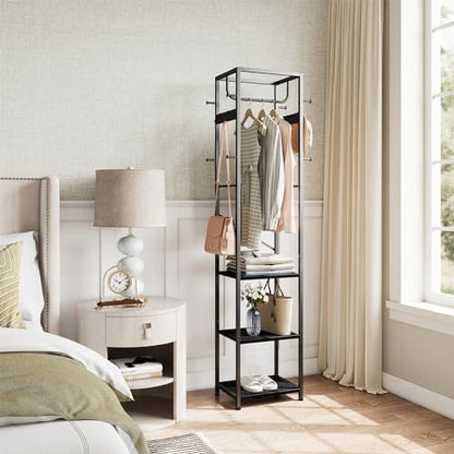 ELYKEN Coat Rack Freestanding, Hall Tree with 3 Shelves and 12 Hooks, Black | Industrial Metal Frame, Space-Saving Design, Clothes Rack Stand Organizer for Bedroom, Hallway, Entryway, Office, Living Room - color: Black