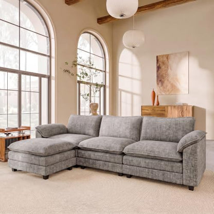 JUMMICO 118.9" L Shaped Sectional Couch, Modular Cloud Sofa, Light Grey | Comfy Chenille, Movable Ottoman, Deep Seat, Double Layer Cushion, 3 Seat, High-Density Foam, for Living Room - color: Light Grey, size: L Shaped Sofa