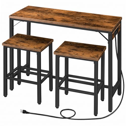 HOOBRO Bar Table and Chairs Set, 47.2" Dining Table Set with Power Outlet, 3-Piece Pub Table Set, Kitchen Bar Height Table with Stools of 2, Space Saving for Living Room, Rustic Brown BF46UBT01 - size: 47.2"L x 15.7"W x 36"H
