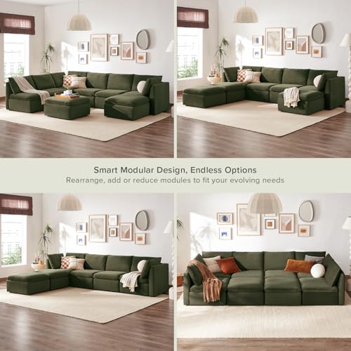 mopio Oversized Modular Sectional Sofa with Fully Removable Covers and Storage, Convertible U, L-Shaped and Sleeper Sectional, Modern Couches with Ottoman Chaise (Olive Green Velvet, 8 Seats, U) - color: [Gen 2] Olive Green Velvet, size: 8 Seats, U