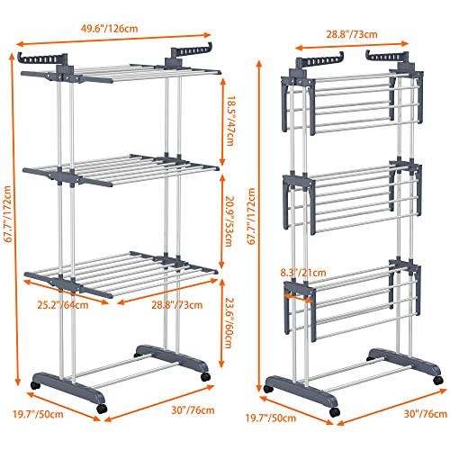 HOMIDEC Clothes Drying Rack, 4-Tier(67.7" H) Foldable Drying Rack Clothing | Foldable Stainless Steel Drying Rack, Movable Laundry Drying Rack with 4 Castors and 14 Hooks for Bed Linen, Clothing, Grey - color: Gray