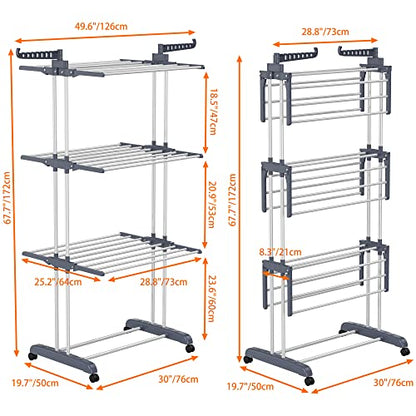 HOMIDEC Clothes Drying Rack, 4-Tier(67.7" H) Foldable Drying Rack Clothing | Foldable Stainless Steel Drying Rack, Movable Laundry Drying Rack with 4 Castors and 14 Hooks for Bed Linen, Clothing, Grey - color: Gray