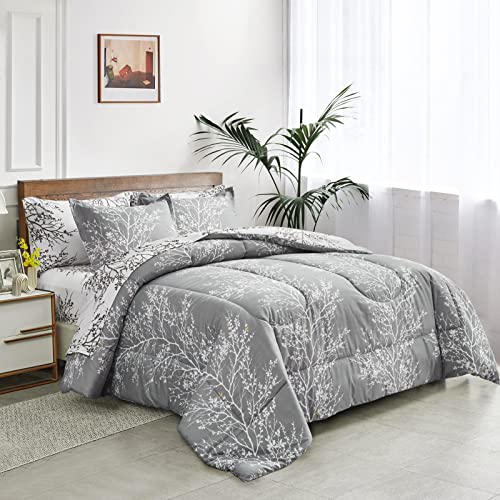 UOZZI BEDDING Bed in a Bag 6 Pieces Twin Size Gray Branches Soft Microfiber Reversible Bed Comforter Set (1 Comforter 2 Pillow Shams 1 Flat Sheet 1 Fitted Sheet 1 Pillowcases) - color: Gray-branch, size: Twin-6 Pieces