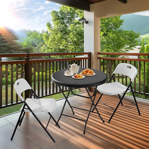 Bonnlo Round Folding Table 32 inch, HDPE Plastic Small Tabletop with Steel Frame Foldable Card Table for Indoor Outdoor Outside Dining, Party and Commercial Event, Black - color: Black