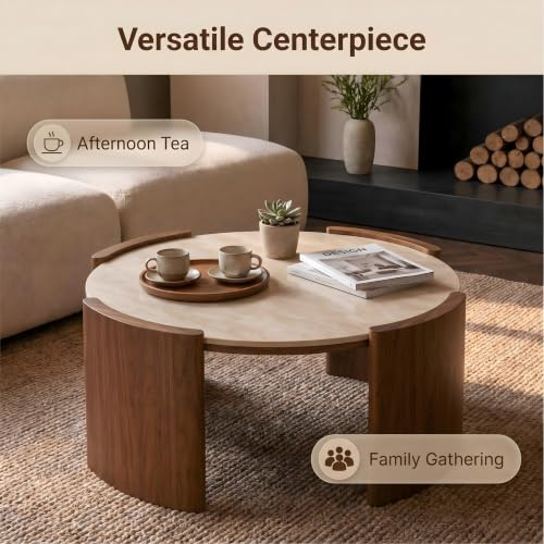 KEIKI 31.5" Round Sintered Stone Coffee Table, Glossy Travertine Look Center Table with Thick Slab Legs, Modern Circular Cocktail Table for Living Room, Apartment, Walnut Yellow - color: Walnut Yellow