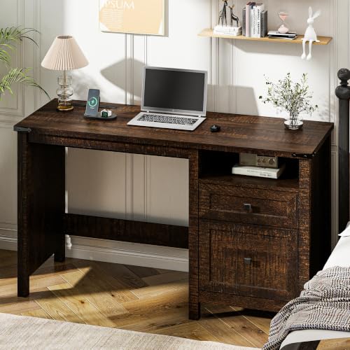 Farmhouse Executive Desk with Charging Station, 45″ Home Office Computer Desk with Drawer & Open Shelf, Writing Desk for Small Space,Dark Brown - color: Dark Brown