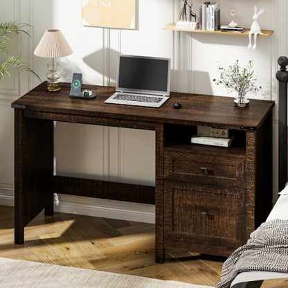 Farmhouse Executive Desk with Charging Station, 45″ Home Office Computer Desk with Drawer & Open Shelf, Writing Desk for Small Space,Dark Brown - color: Dark Brown