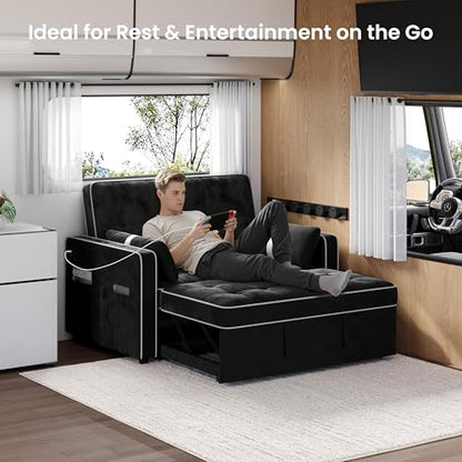 Yaheetech 3 in 1 Sofa Bed Convertible Sleeper Sofa with USB Ports, Black | Velvet Pull Out Couch Folding Loveseat Sleeper, Armrest Pillows, USB Ports, Side Pockets for Living Room Bedroom Apartment - color: Black