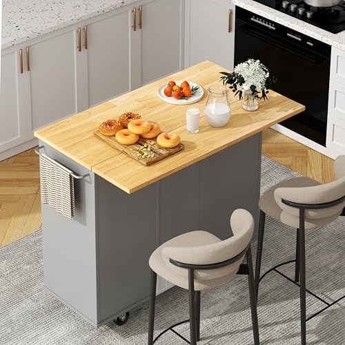 Shintenchi Kitchen Island with Folding Drop Leaf, Rolling Island Table with Storage, Kitchen Cabinet on Wheels with Seating Area for Kitchen, Bar Cart with Cabinet, Gray - color: Grey