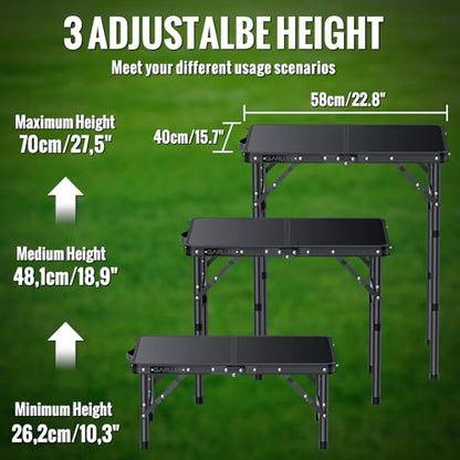 GARLLEN 2ft Folding Camping Table Max Capacity 66lbs, 3 Adjustable Height Folding Grill Table with MDF Tabletop, Lightweight Folding Tables for BBQ, Travel, Picnic, 22.8" L x 15.7" W - color: Black, size: Tabletop Size: 22.8"L x 15.7"W