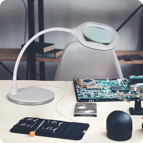 Brightech LightView Pro Magnifying LED Desk Lamp with Light, Hobbies & Reading, Flexibility & Durability Magnifying Floor Lamp, 3 in 1 LED Light Glass Magnifier, Work Light for Pro Uses - White - color: White