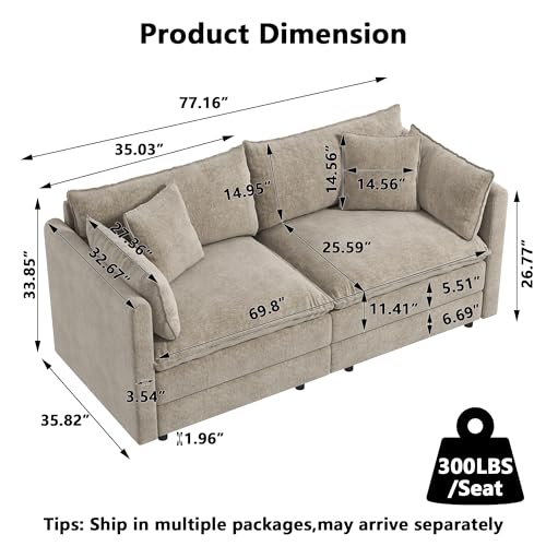 Aoowow Modular Sectional Sofa Modern Convertible Loveseat Couch,77.16 Inch Deep 2-Seater Sofas Comfy Chenille Cloud Sofas and Couches with Pillows for Living Room Apartment（Camel） - color: Camel, size: 2 Seat