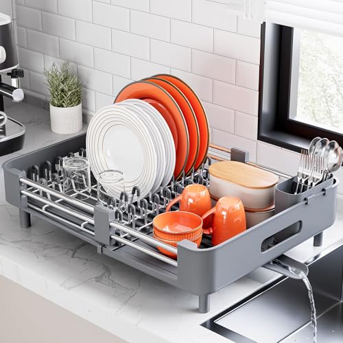 Urackify Extendable Stainless Dish Drying Rack for Kitchen Counter, Gray | 13.78"W x 18.7"L, Foldable Drainboard for Space Saving, Knife and Utensil Holder, Fast-draining Spout - color: Gray