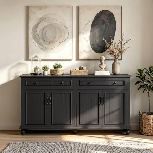 Farmhouse Buffet Cabinet with Drawer, 62'' Black Coffee Bar for Living Room | Vintage Sideboard for Dining Room, 2 Spacious Drawers and Adjustable Shelves, Painted Finish, Heavy Duty, Large Wood TV Stand - color: Black, size: 4 Doors with Drawers