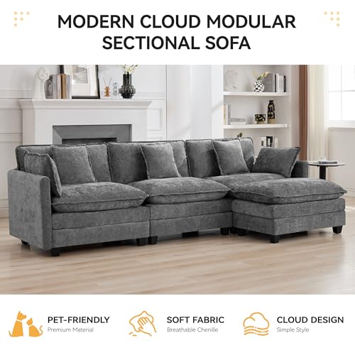 111'' Sectional Cloud Deep Seat Couch, Modern Comfy Chenille L Shaped Sectional Sofa for Living Room Set, Upholstered Modular 4-Seats Sofa Couch with 1 Movable Ottoman, Grey - color: Grey, size: 111'' L Shape
