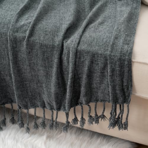 BATTILO HOME Dark Gray Chenille Throw Blanket for Couch, Soft Cozy Textured Knit Throw Blanket with Handmade Fringe Tassels, Lightweight Decorative Farmhouse Blanket for Sofa Bed Chair, 50"x60" | Soft Chenille Knit with Handmade Fringe Tassels, Lightweigh